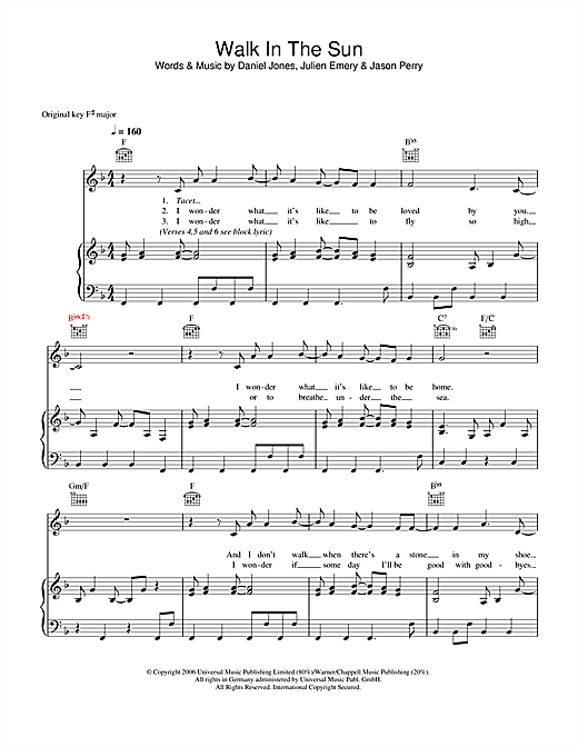 Preview McFly Walk In The Sun Pop sheet music, notes and chords for Piano, Vocal & Guitar, SKU: 37428 Walk In The Sun sheet music