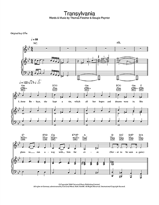 Preview McFly Transylvania Pop sheet music, notes and chords for Piano, Vocal & Guitar, SKU: 37438 Transylvania sheet music