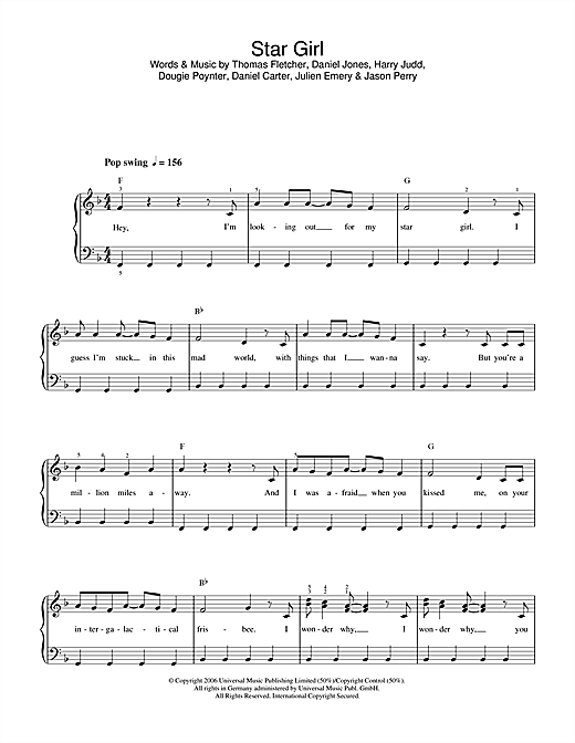Preview McFly Star Girl Pop sheet music, notes and chords for Beginner Piano, SKU: 37510 Star Girl sheet music