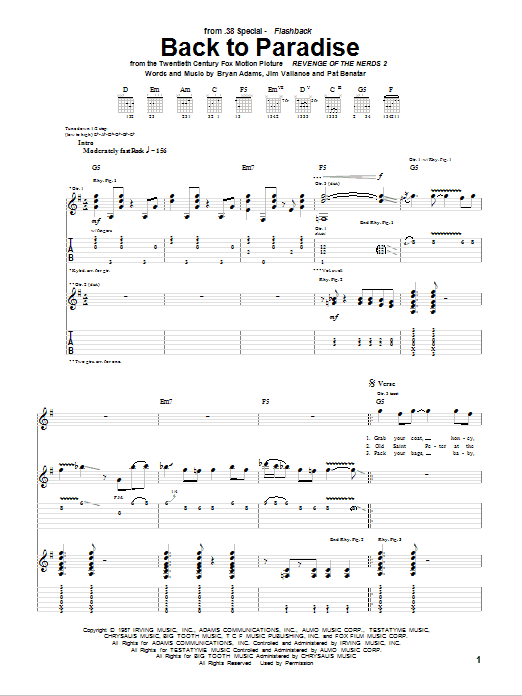 38 Special Back To Paradise Sheet Music Notes & Chords for Guitar Tab - Download or Print PDF
