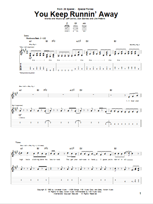 38 Special You Keep Runnin' Away Sheet Music Notes & Chords for Guitar Tab - Download or Print PDF