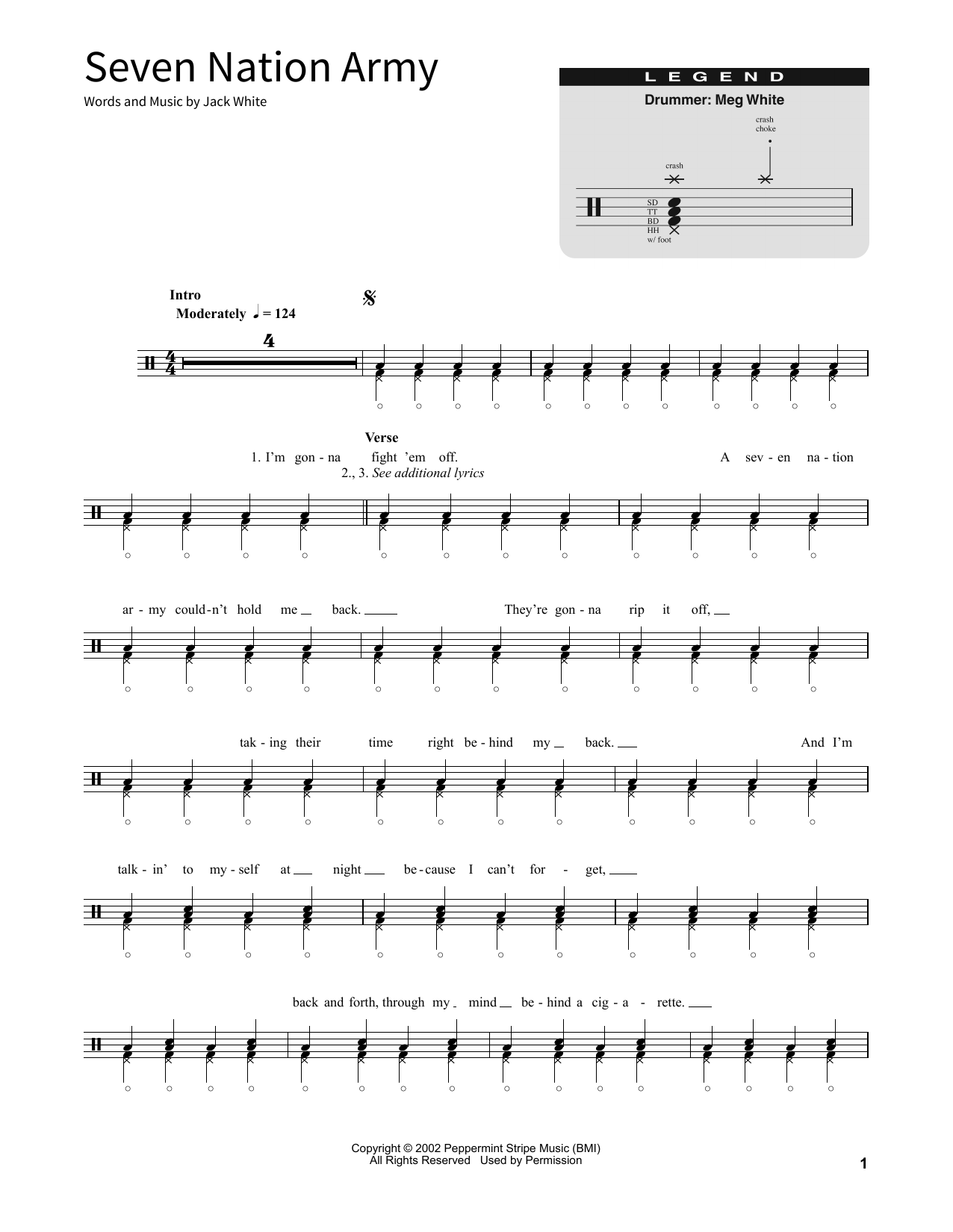 White Stripes Seven Nation Army Chords Sheet Music Notes Download Pop School Of Rock Drums Pdf Print 381765