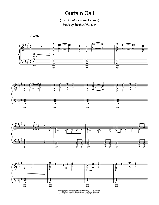 Preview Stephen Warbeck Curtain Call (from Shakespeare In Love) Film and TV sheet music, notes and chords for Piano, SKU: 38276 sheet music, piano notes, chords, guitar tabs, score, transpose, transcribe, how to play, guide, download, learn, tutorial, progression, song, artist, awards, billboard, mtv, vh1, tour, single, album, release