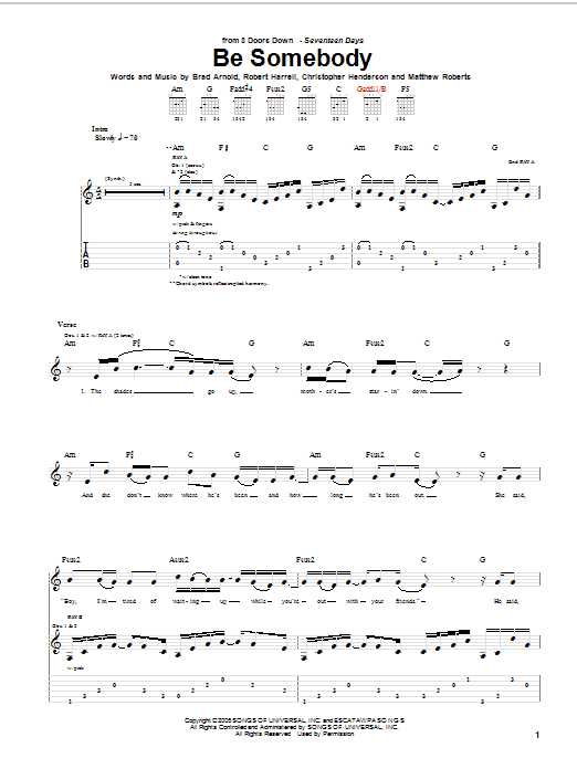 Preview 3 Doors Down Be Somebody Pop sheet music, notes and chords for Guitar Tab, SKU: 50830 Be Somebody sheet music