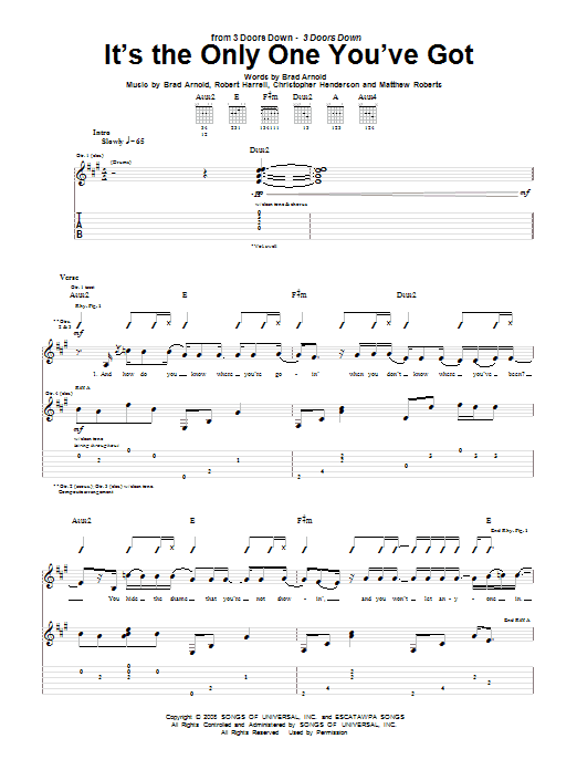 Preview 3 Doors Down It's The Only One You've Got Pop sheet music, notes and chords for Guitar Tab, SKU: 67470 It's The Only One You've Got sheet music