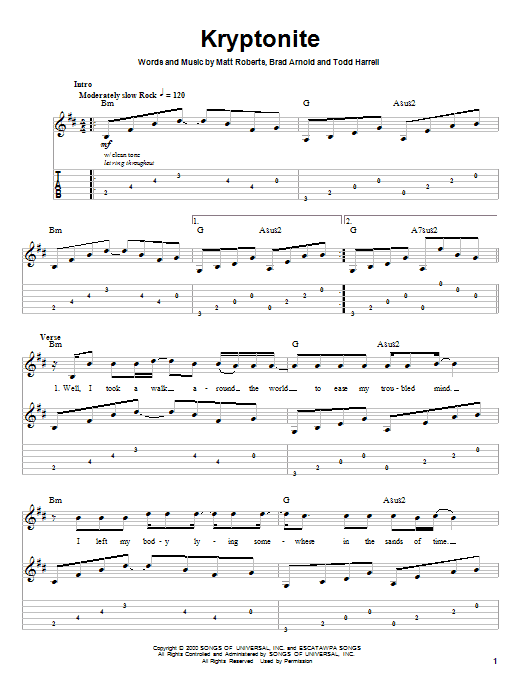 Preview 3 Doors Down Kryptonite Rock sheet music, notes and chords for Easy Guitar Tab, SKU: 72810 Kryptonite sheet music