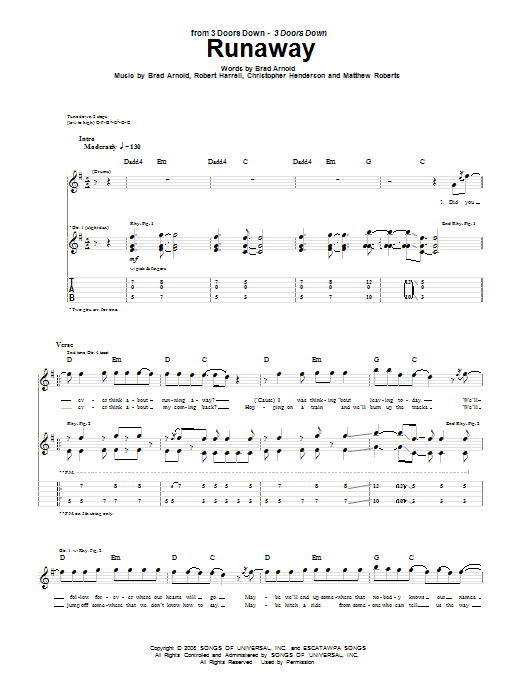 Preview 3 Doors Down Runaway Pop sheet music, notes and chords for Guitar Tab, SKU: 67473 Runaway sheet music
