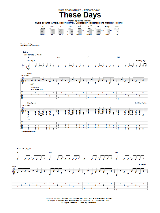 Preview 3 Doors Down These Days Pop sheet music, notes and chords for Guitar Tab, SKU: 67476 These Days sheet music