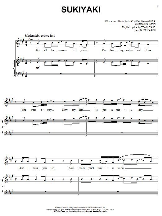 4 P.M. Sukiyaki Sheet Music Notes & Chords for Piano, Vocal & Guitar (Right-Hand Melody) - Download or Print PDF