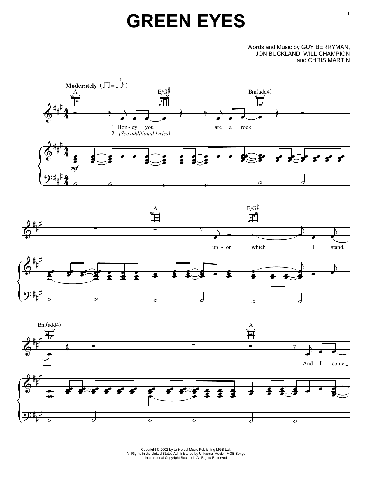 Coldplay Green Eyes Chords Sheet Music Notes Download Pop Piano