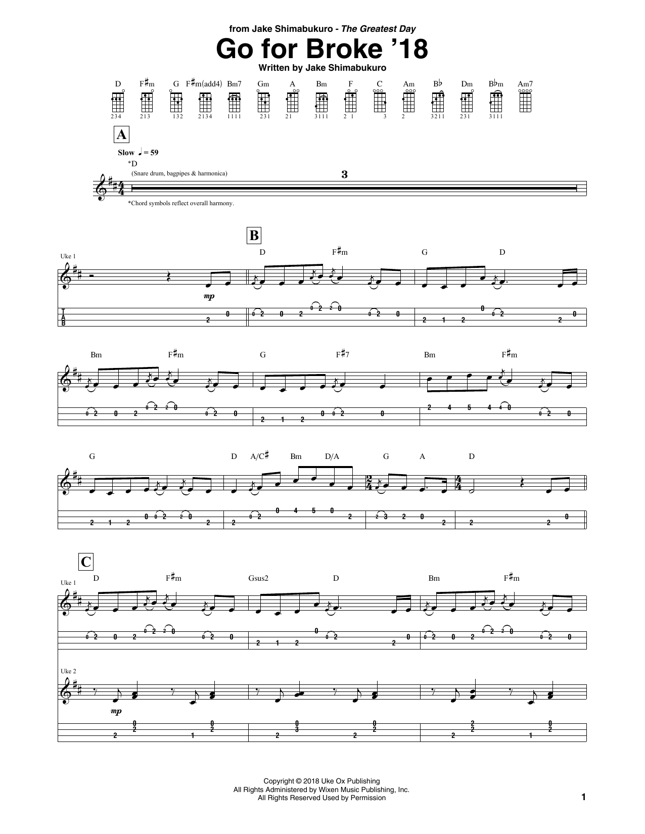 Preview Jake Shimabukuro Go For Broke '18 Folk sheet music, notes and chords for UKETAB, SKU: 403582 sheet music, piano notes, chords, guitar tabs, score, transpose, transcribe, how to play, guide, download, learn, tutorial, progression, song, artist, awards, billboard, mtv, vh1, tour, single, album, release
