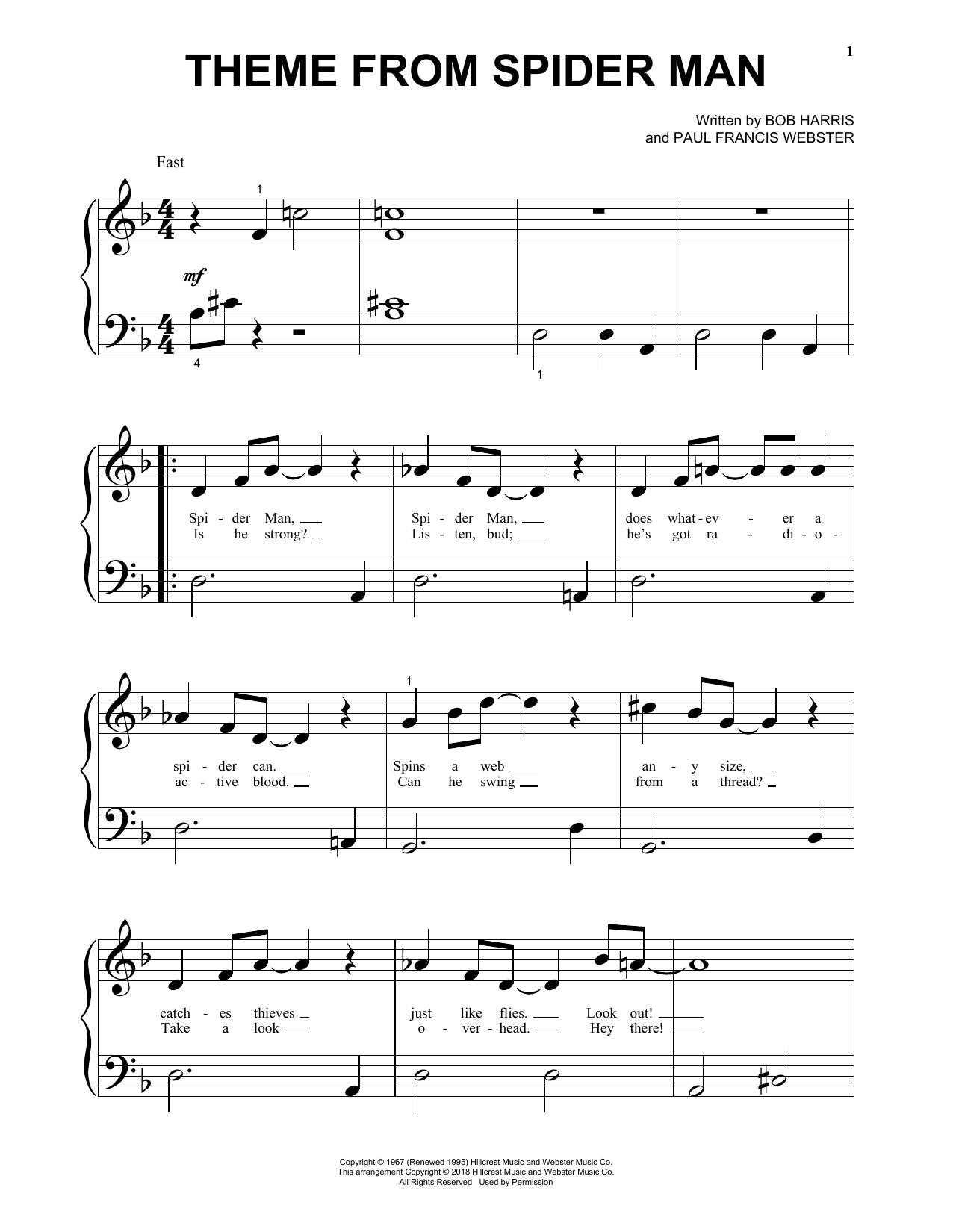 Paul Francis Webster Theme From Spider Man Chords Sheet Music
