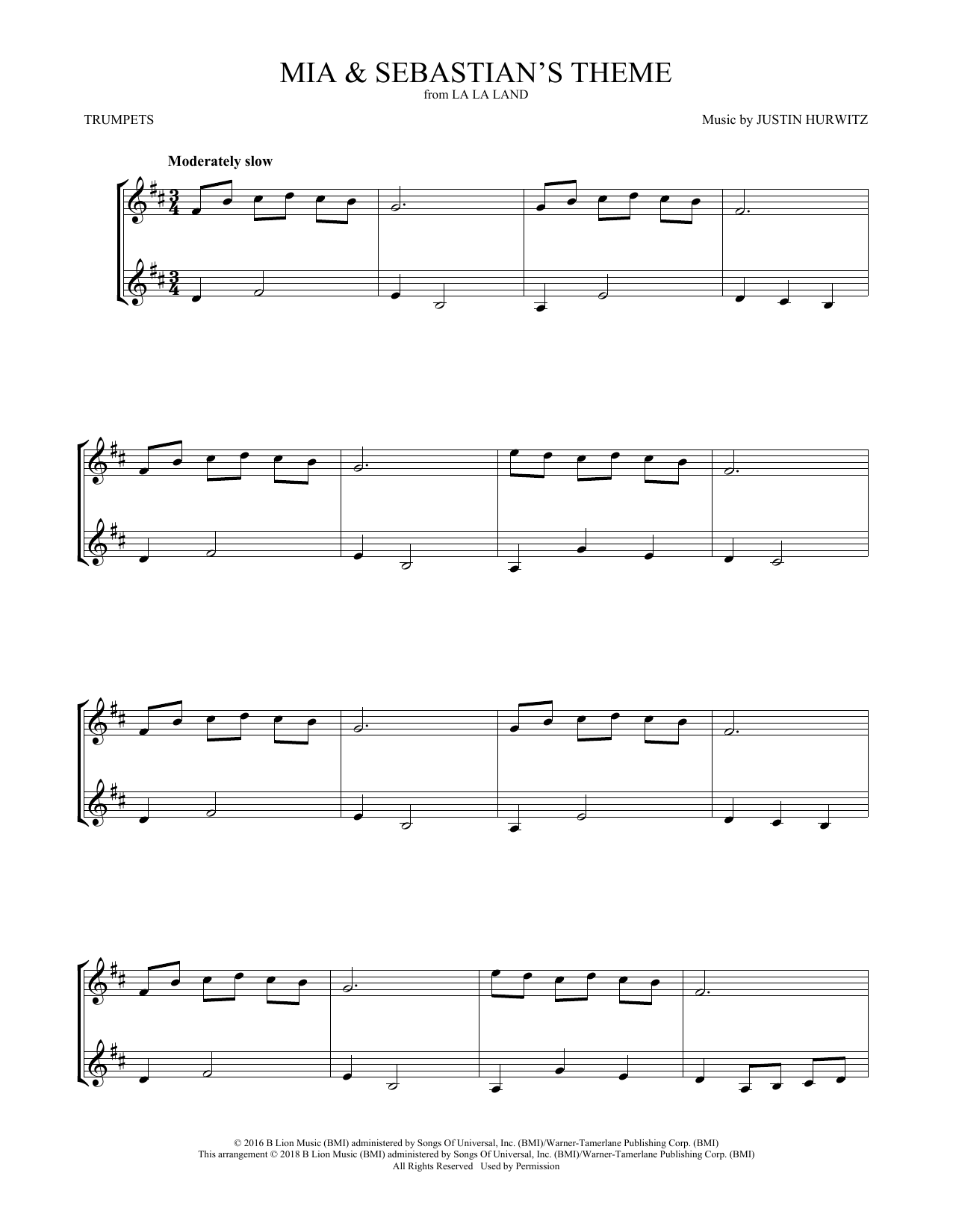 Preview Justin Hurwitz Mia & Sebastian's Theme (from La La Land) Film/TV sheet music, notes and chords for Trumpet Duet, SKU: 408106 sheet music, piano notes, chords, guitar tabs, score, transpose, transcribe, how to play, guide, download, learn, tutorial, progression, song, artist, awards, billboard, mtv, vh1, tour, single, album, release