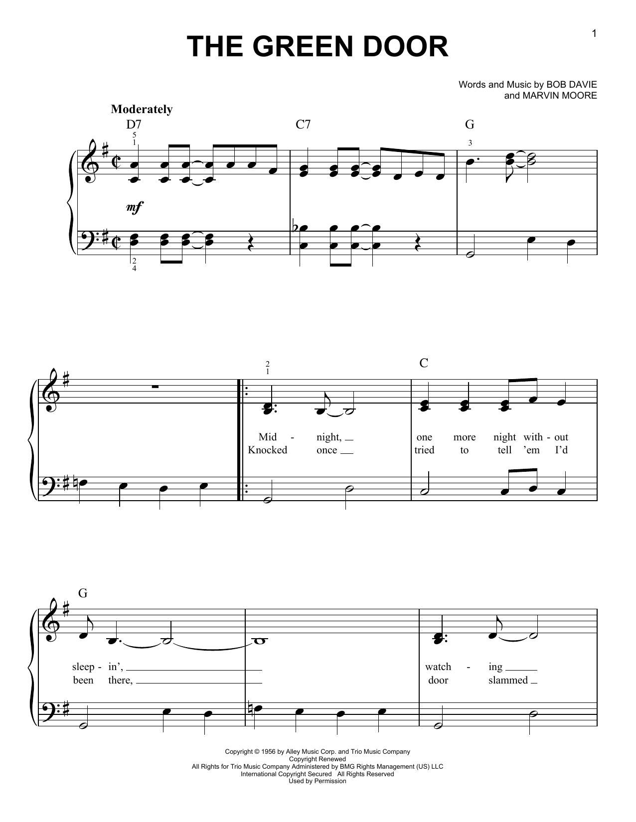 Jim Lowe The Green Door Sheet Music Notes Chords Download Printable Easy Piano Sku 408516