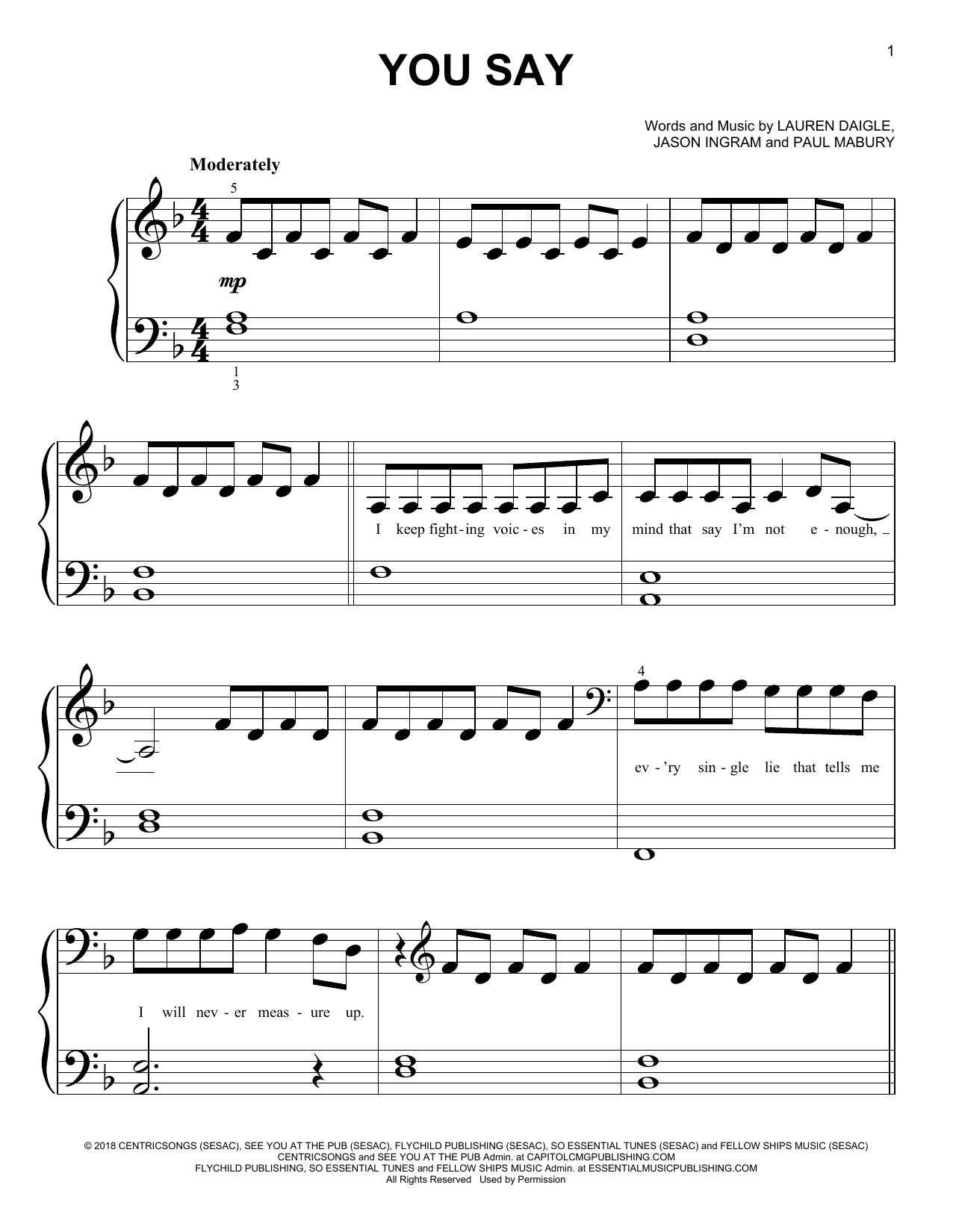 Lauren Daigle You Say Chords, Sheet