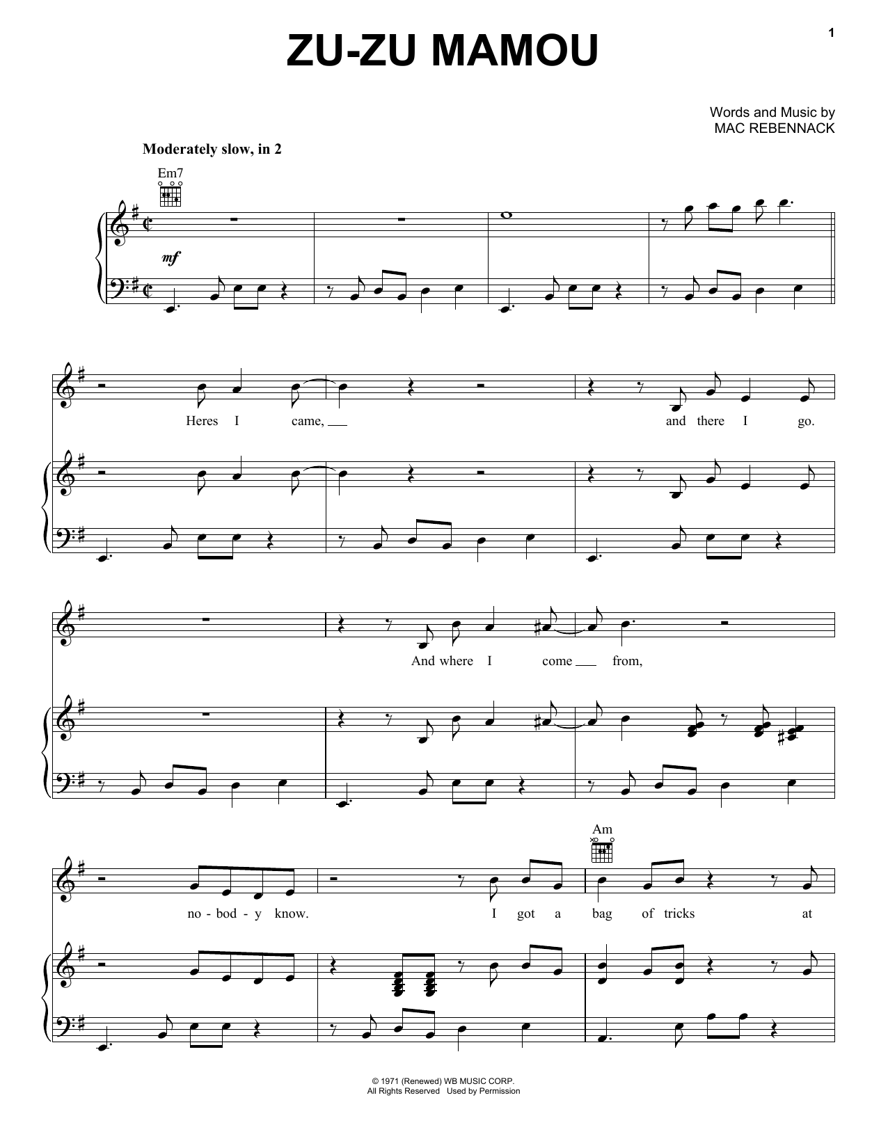 Preview Dr. John Zu-Zu Mamou Jazz sheet music, notes and chords for Piano, Vocal & Guitar (Right-Hand Melody), SKU: 410172 sheet music, piano notes, chords, guitar tabs, score, transpose, transcribe, how to play, guide, download, learn, tutorial, progression, song, artist, awards, billboard, mtv, vh1, tour, single, album, release