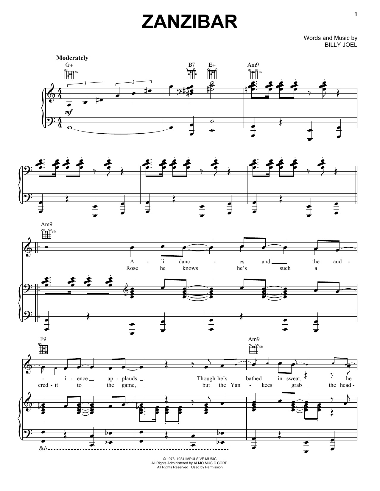 Preview Billy Joel Zanzibar Pop sheet music, notes and chords for Piano, Vocal & Guitar (Right-Hand Melody), SKU: 410215 sheet music, piano notes, chords, guitar tabs, score, transpose, transcribe, how to play, guide, download, learn, tutorial, progression, song, artist, awards, billboard, mtv, vh1, tour, single, album, release