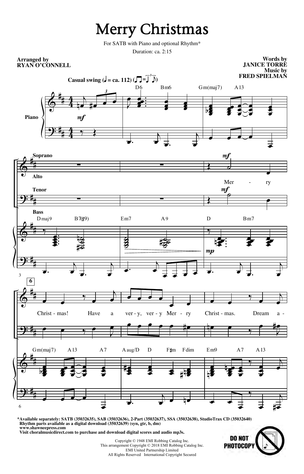 Preview Janice Torre & Fred Spielman Merry Christmas (arr. Ryan O'Connell) Christmas sheet music, notes and chords for SATB Choir, SKU: 410418 sheet music, piano notes, chords, guitar tabs, score, transpose, transcribe, how to play, guide, download, learn, tutorial, progression, song, artist, awards, billboard, mtv, vh1, tour, single, album, release