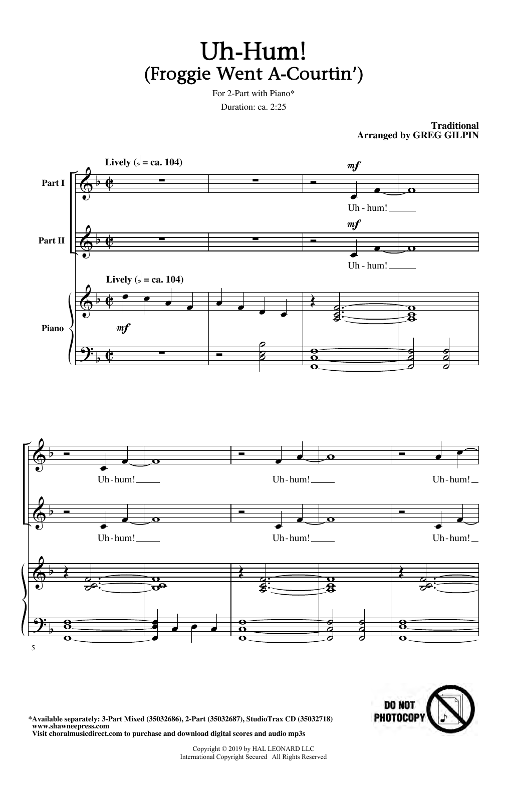 Preview Greg Gilpin Uh-Hum! (Froggie Went A-Courtin') Folk sheet music, notes and chords for 2-Part Choir, SKU: 410439 sheet music, piano notes, chords, guitar tabs, score, transpose, transcribe, how to play, guide, download, learn, tutorial, progression, song, artist, awards, billboard, mtv, vh1, tour, single, album, release