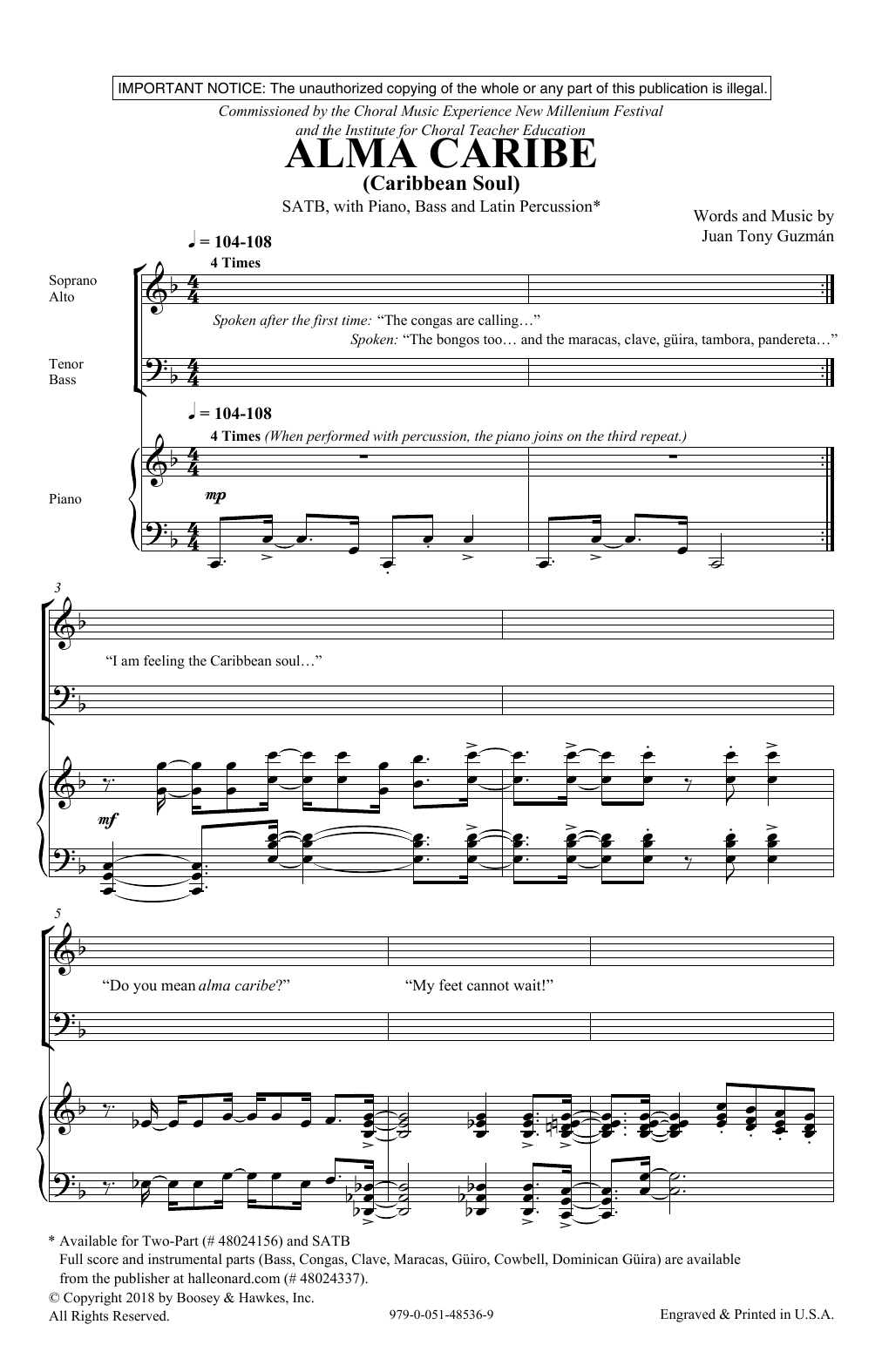 Preview Juan Tony Guzman Alma Caribe (Caribbean Soul) Concert sheet music, notes and chords for SATB Choir, SKU: 410462 sheet music, piano notes, chords, guitar tabs, score, transpose, transcribe, how to play, guide, download, learn, tutorial, progression, song, artist, awards, billboard, mtv, vh1, tour, single, album, release