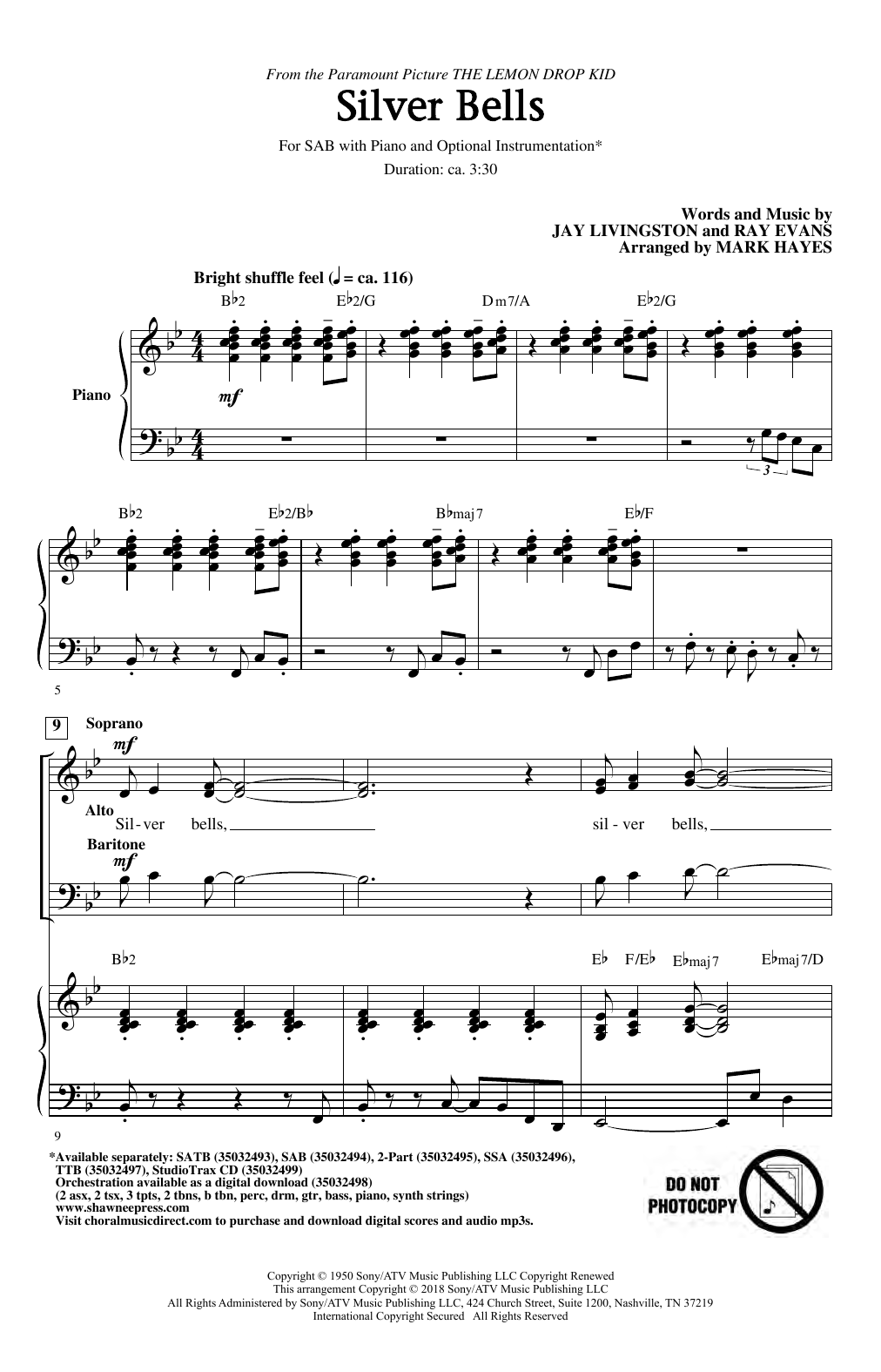 Preview Jay Livingston & Ray Evans Silver Bells (arr. Mark Hayes) Christmas sheet music, notes and chords for SAB Choir, SKU: 410498 sheet music, piano notes, chords, guitar tabs, score, transpose, transcribe, how to play, guide, download, learn, tutorial, progression, song, artist, awards, billboard, mtv, vh1, tour, single, album, release