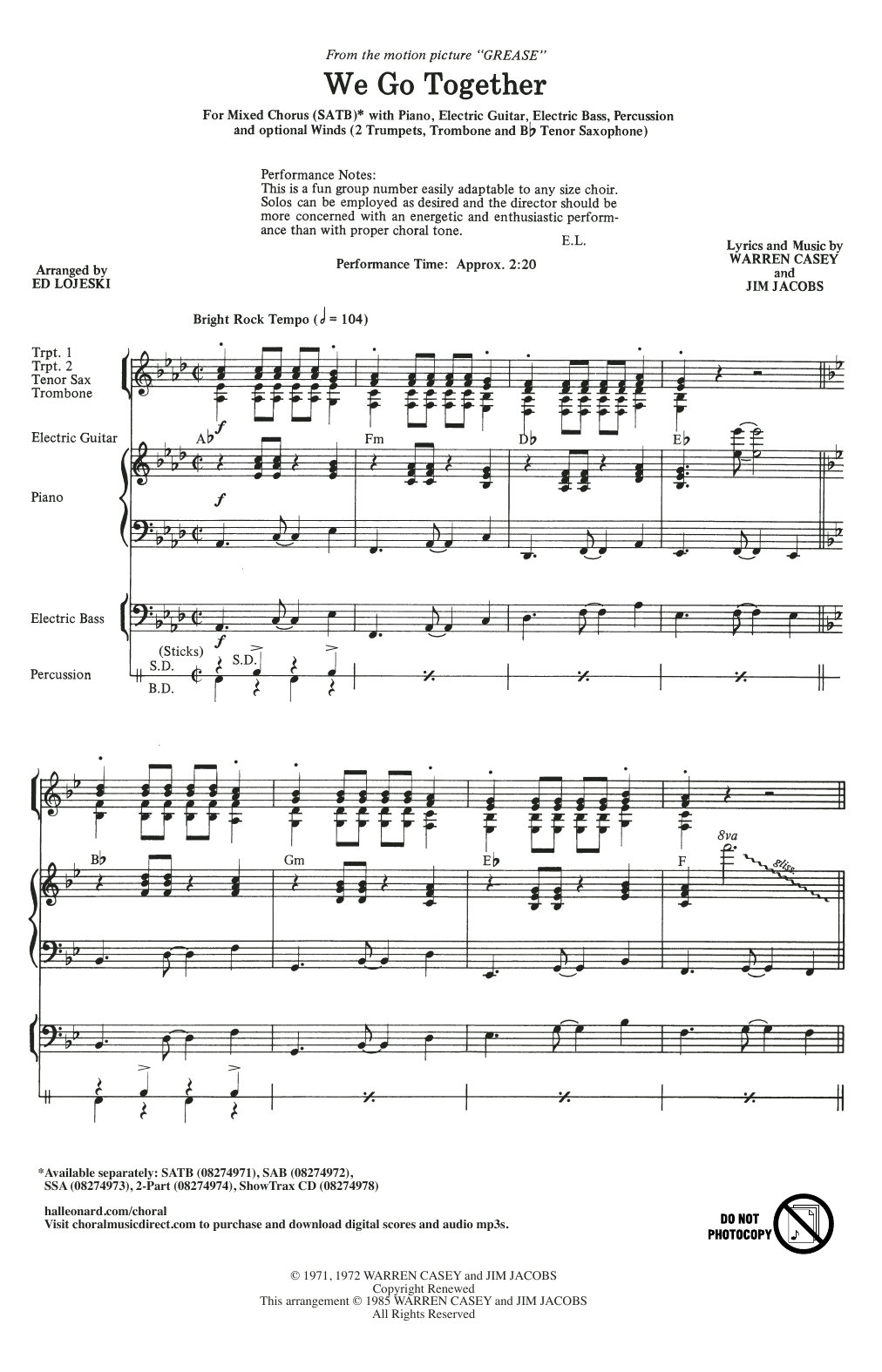 Preview Jim Jacobs & Warren Casey We Go Together (from Grease) (arr. Ed Lojeski) Broadway sheet music, notes and chords for SATB Choir, SKU: 410530 sheet music, piano notes, chords, guitar tabs, score, transpose, transcribe, how to play, guide, download, learn, tutorial, progression, song, artist, awards, billboard, mtv, vh1, tour, single, album, release