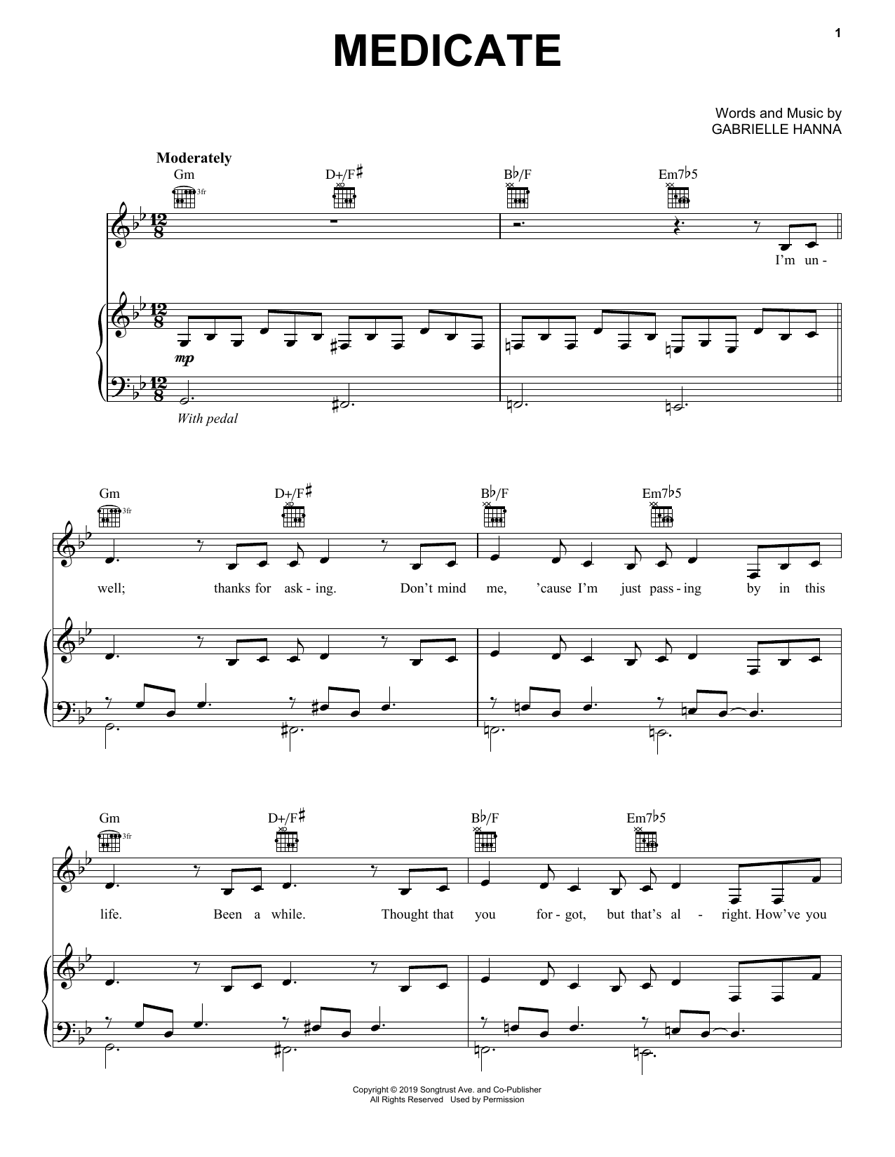Preview Gabrielle Hanna Medicate Pop sheet music, notes and chords for Piano, Vocal & Guitar (Right-Hand Melody), SKU: 410581 sheet music, piano notes, chords, guitar tabs, score, transpose, transcribe, how to play, guide, download, learn, tutorial, progression, song, artist, awards, billboard, mtv, vh1, tour, single, album, release