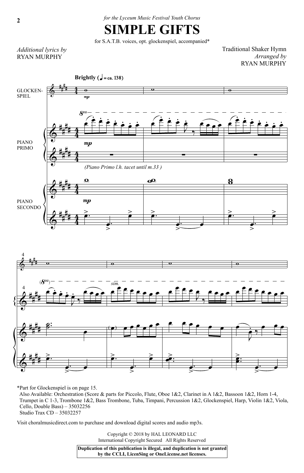 Preview Ryan Murphy Simple Gifts Concert sheet music, notes and chords for Choir, SKU: 410635 sheet music, piano notes, chords, guitar tabs, score, transpose, transcribe, how to play, guide, download, learn, tutorial, progression, song, artist, awards, billboard, mtv, vh1, tour, single, album, release