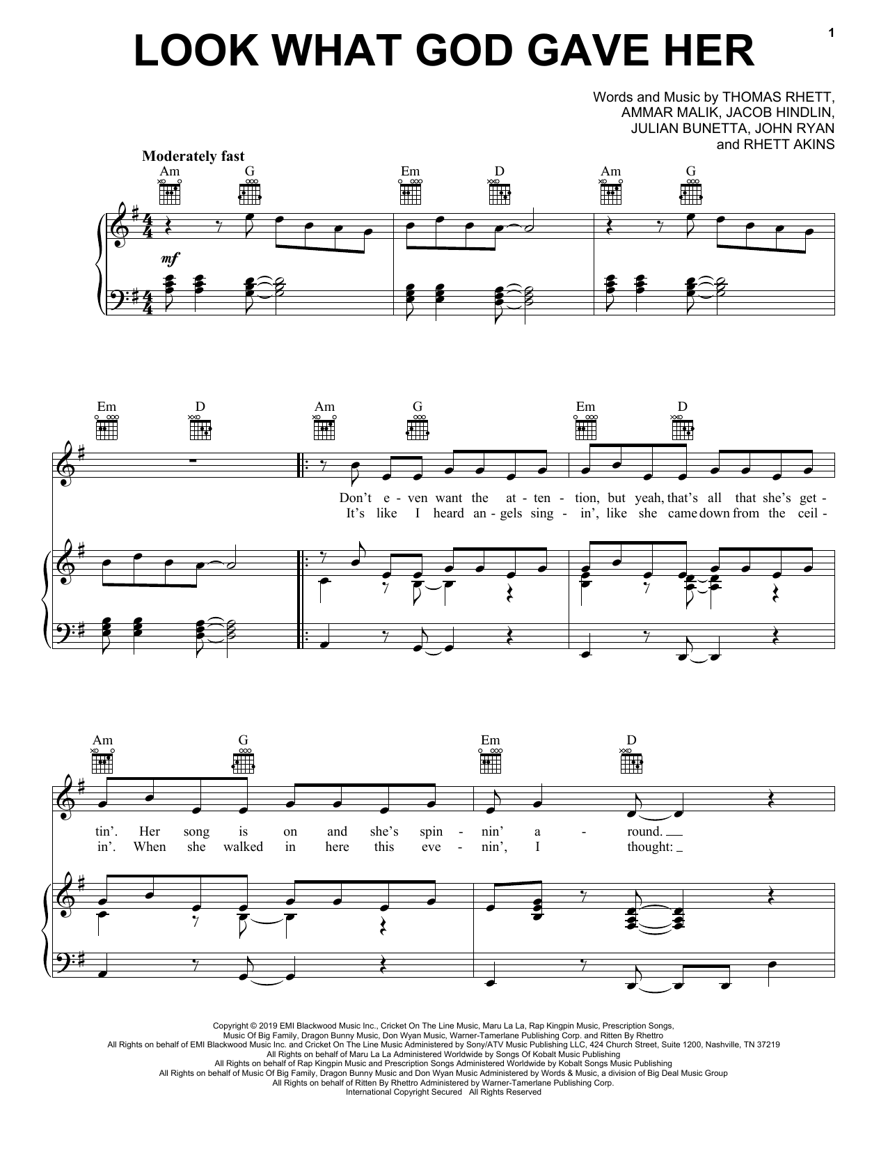 Preview Thomas Rhett Look What God Gave Her Pop sheet music, notes and chords for Piano, Vocal & Guitar (Right-Hand Melody), SKU: 410675 sheet music, piano notes, chords, guitar tabs, score, transpose, transcribe, how to play, guide, download, learn, tutorial, progression, song, artist, awards, billboard, mtv, vh1, tour, single, album, release