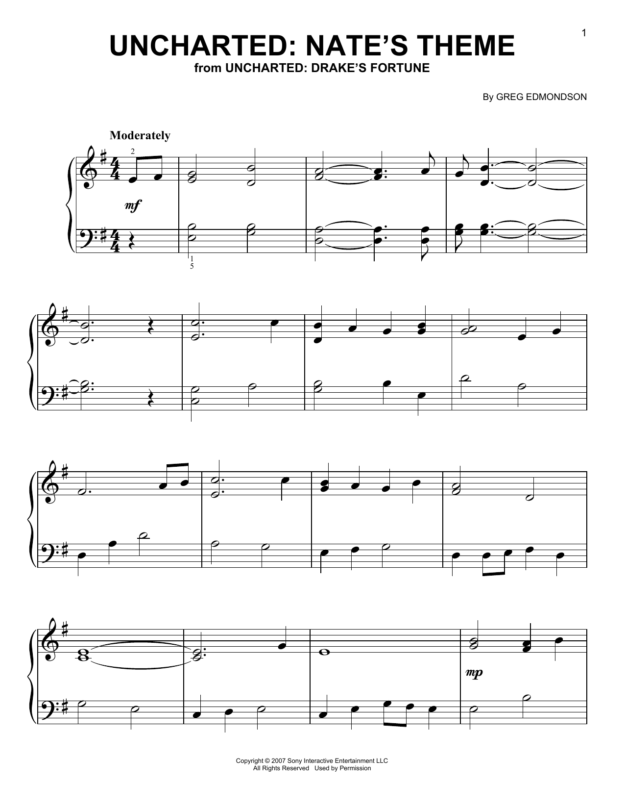 Preview Greg Edmonson Uncharted: Nate's Theme Video Game sheet music, notes and chords for Easy Piano, SKU: 410943 sheet music, piano notes, chords, guitar tabs, score, transpose, transcribe, how to play, guide, download, learn, tutorial, progression, song, artist, awards, billboard, mtv, vh1, tour, single, album, release