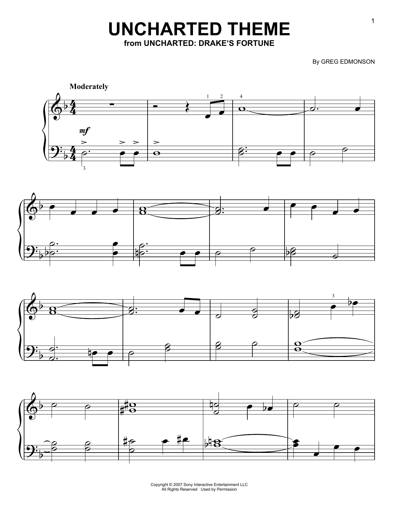 Preview Greg Edmonson Uncharted Theme Video Game sheet music, notes and chords for Easy Piano, SKU: 410945 sheet music, piano notes, chords, guitar tabs, score, transpose, transcribe, how to play, guide, download, learn, tutorial, progression, song, artist, awards, billboard, mtv, vh1, tour, single, album, release