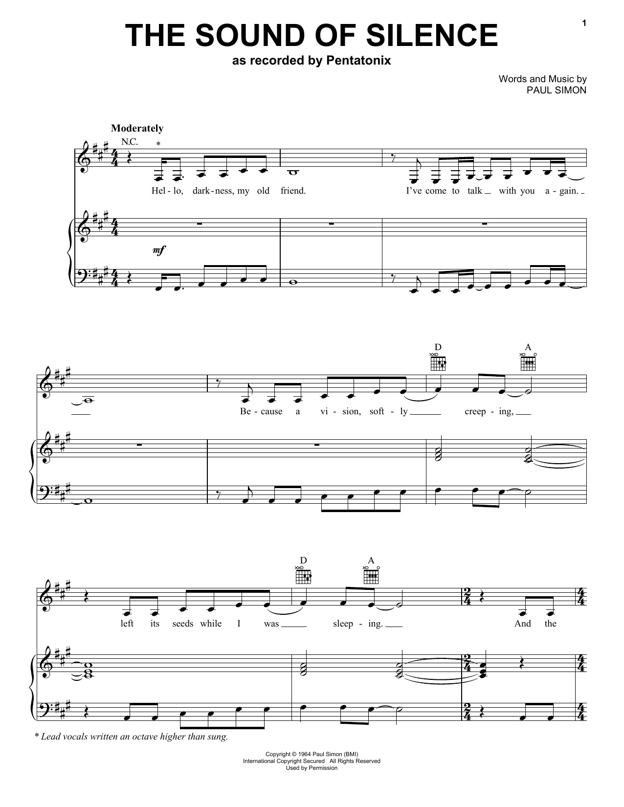 Preview Pentatonix The Sound Of Silence Pop sheet music, notes and chords for Piano, Vocal & Guitar (Right-Hand Melody), SKU: 410952 sheet music, piano notes, chords, guitar tabs, score, transpose, transcribe, how to play, guide, download, learn, tutorial, progression, song, artist, awards, billboard, mtv, vh1, tour, single, album, release