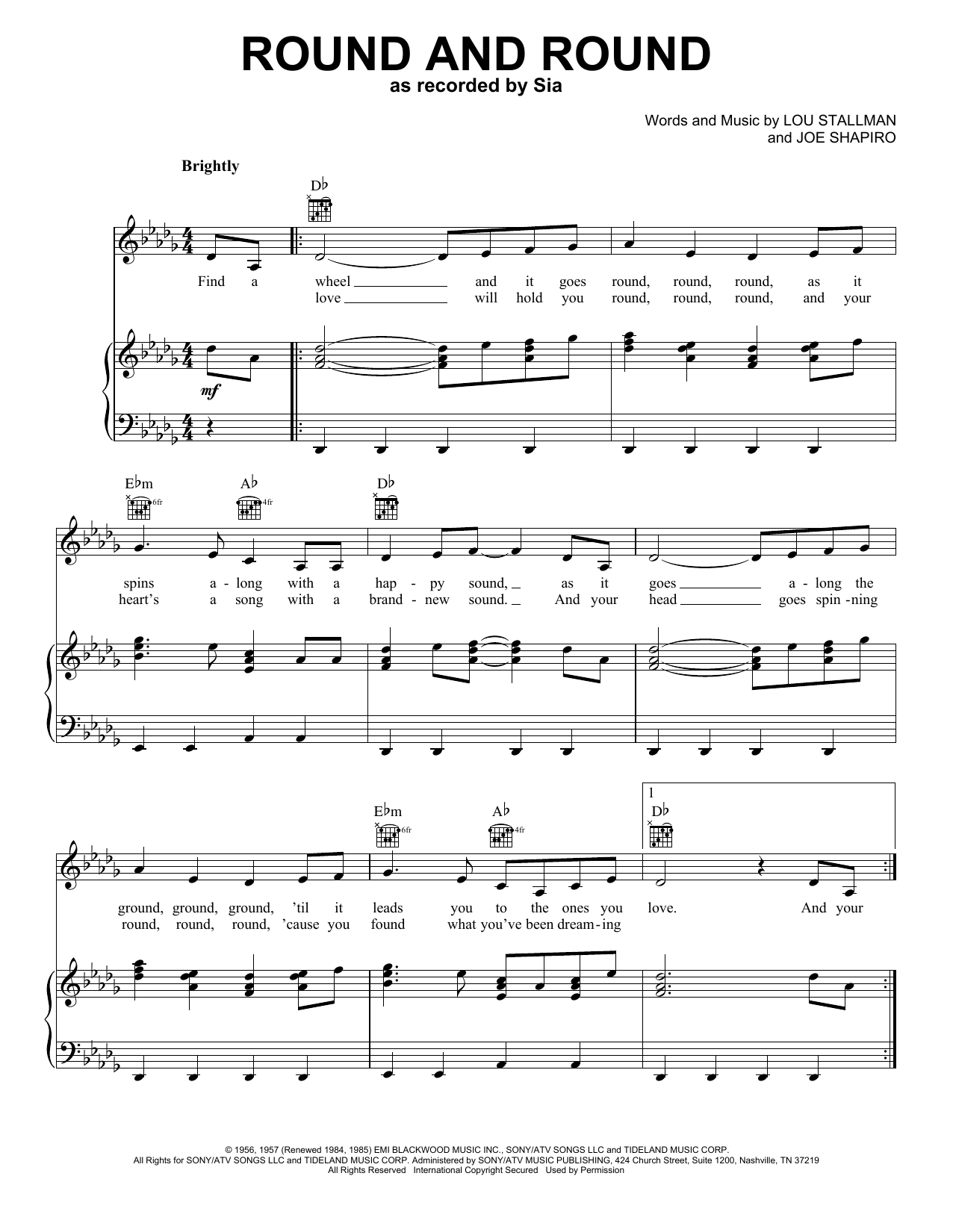 Preview Sia Round And Round Pop sheet music, notes and chords for Piano, Vocal & Guitar (Right-Hand Melody), SKU: 410953 sheet music, piano notes, chords, guitar tabs, score, transpose, transcribe, how to play, guide, download, learn, tutorial, progression, song, artist, awards, billboard, mtv, vh1, tour, single, album, release