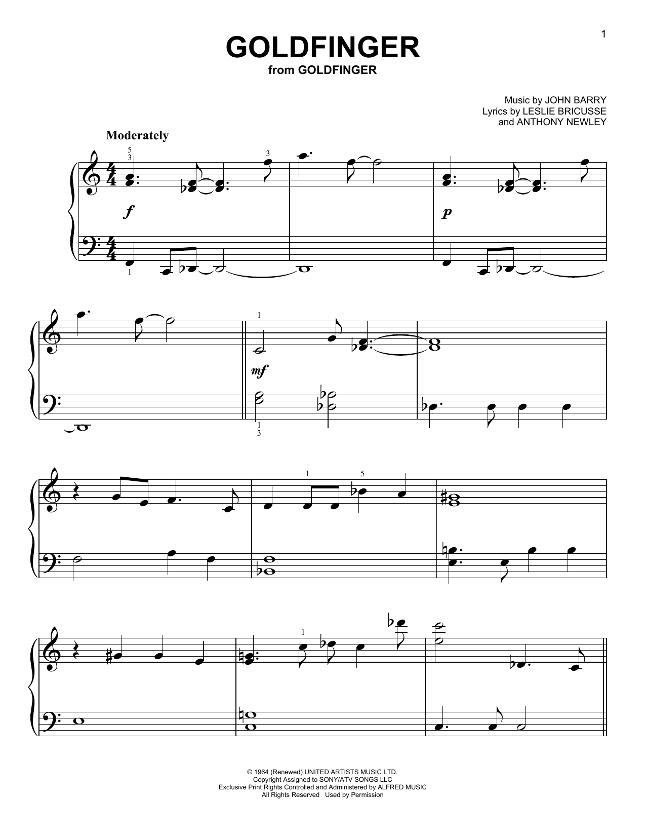 Preview Leslie Bricusse Goldfinger Film/TV sheet music, notes and chords for Easy Piano, SKU: 410959 sheet music, piano notes, chords, guitar tabs, score, transpose, transcribe, how to play, guide, download, learn, tutorial, progression, song, artist, awards, billboard, mtv, vh1, tour, single, album, release
