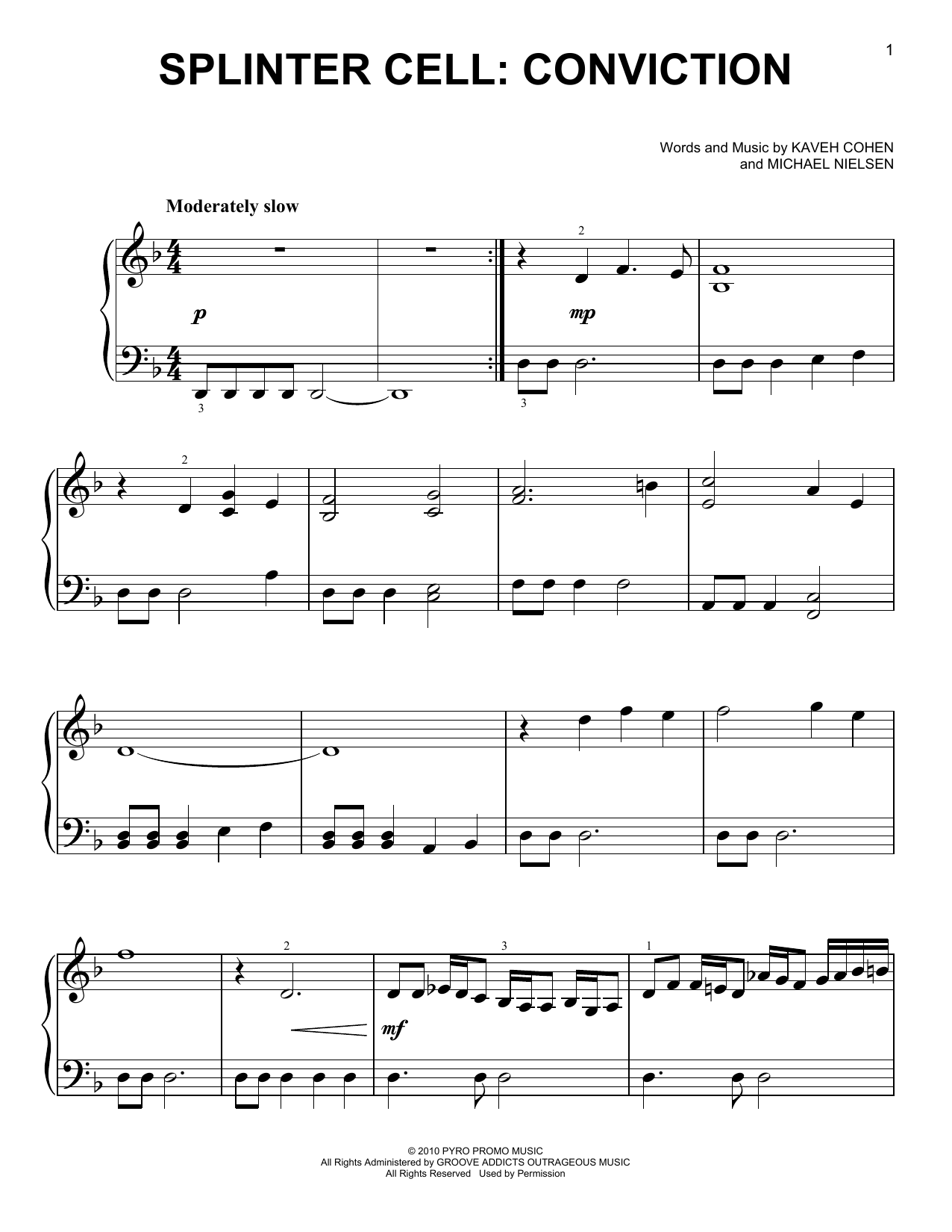 Preview Kaveh Cohen & Michael Nielsen Splinter Cell: Conviction Video Game sheet music, notes and chords for Easy Piano, SKU: 410981 sheet music, piano notes, chords, guitar tabs, score, transpose, transcribe, how to play, guide, download, learn, tutorial, progression, song, artist, awards, billboard, mtv, vh1, tour, single, album, release