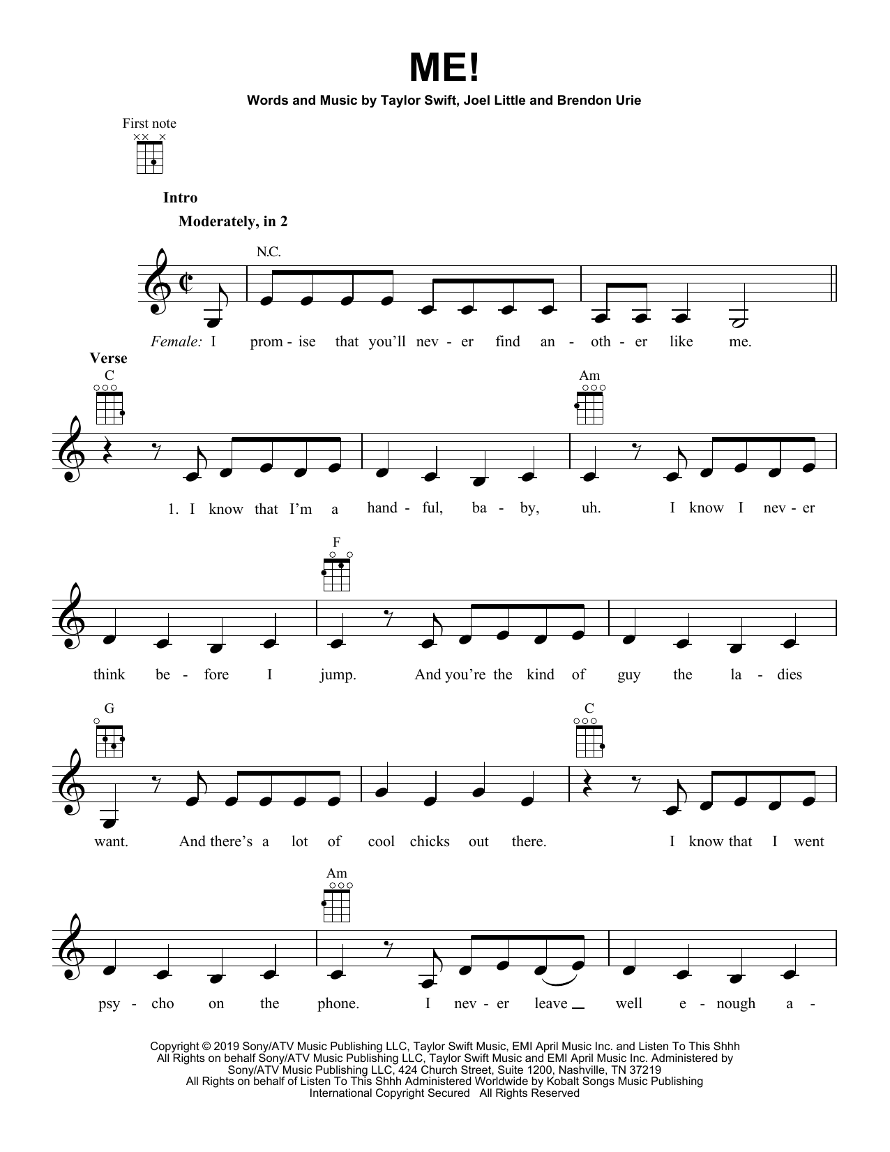 Taylor Swift Me Feat Brendon Urie Of Panic At The Disco Sheet Music Notes Chords Download Printable Ukulele Sku 413170