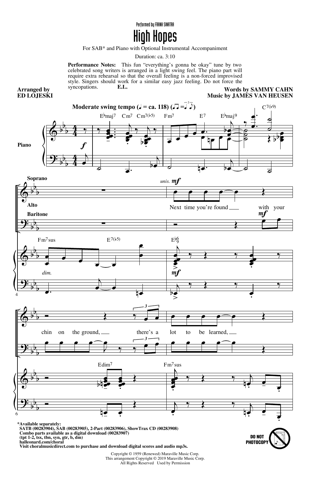 Preview Frank Sinatra High Hopes (arr. Ed Lojeski) Jazz sheet music, notes and chords for SAB Choir, SKU: 413356 sheet music, piano notes, chords, guitar tabs, score, transpose, transcribe, how to play, guide, download, learn, tutorial, progression, song, artist, awards, billboard, mtv, vh1, tour, single, album, release