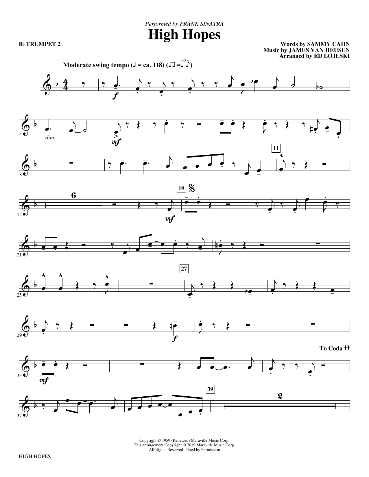Preview Frank Sinatra High Hopes (arr. Ed Lojeski) - Bb Trumpet 2 Jazz sheet music, notes and chords for Choir Instrumental Pak, SKU: 413359 sheet music, piano notes, chords, guitar tabs, score, transpose, transcribe, how to play, guide, download, learn, tutorial, progression, song, artist, awards, billboard, mtv, vh1, tour, single, album, release