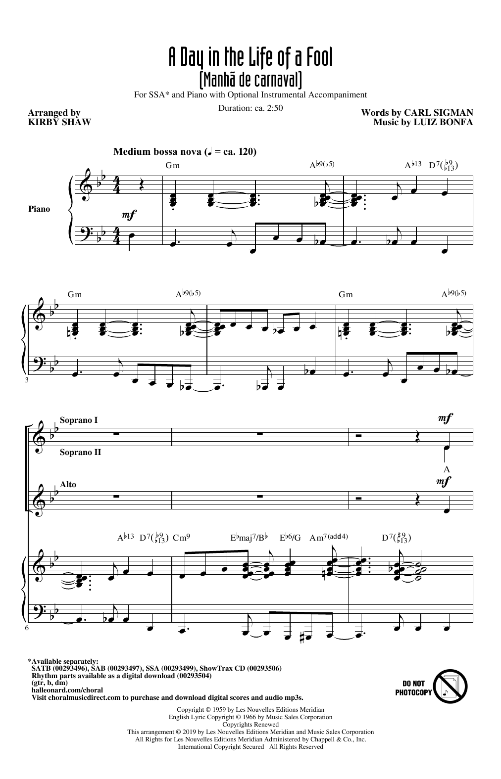 Preview Carl Sigman & Luiz Bonfa A Day In The Life Of A Fool (Manha De Carnaval) (arr. Kirby Shaw) Jazz sheet music, notes and chords for SSA Choir, SKU: 414793 sheet music, piano notes, chords, guitar tabs, score, transpose, transcribe, how to play, guide, download, learn, tutorial, progression, song, artist, awards, billboard, mtv, vh1, tour, single, album, release