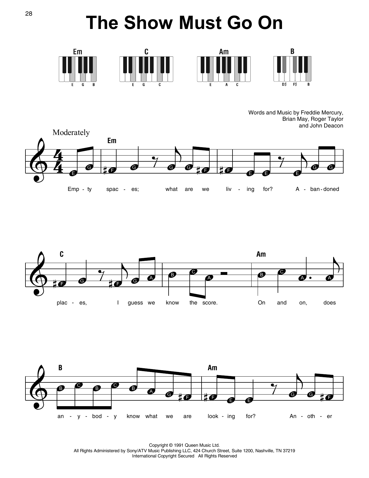 Queen The Show Must Go On Chords, Sheet Music Notes | Download Pop.