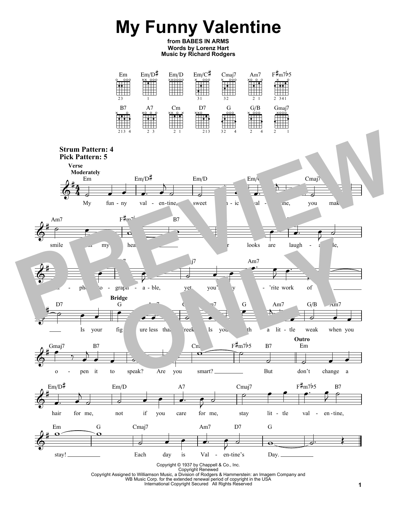 Rodgers Hart My Funny Valentine Sheet Music Notes Chords Download Printable Easy Guitar Sku 415375