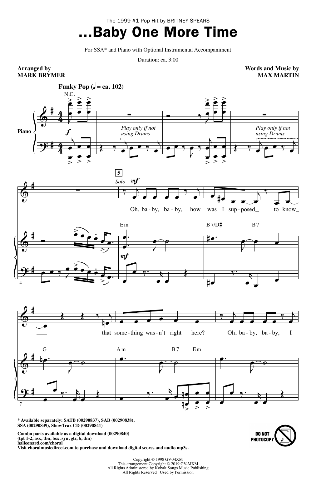 Preview Britney Spears ...Baby One More Time (arr. Mark Brymer) Pop sheet music, notes and chords for SSA Choir, SKU: 415462 sheet music, piano notes, chords, guitar tabs, score, transpose, transcribe, how to play, guide, download, learn, tutorial, progression, song, artist, awards, billboard, mtv, vh1, tour, single, album, release