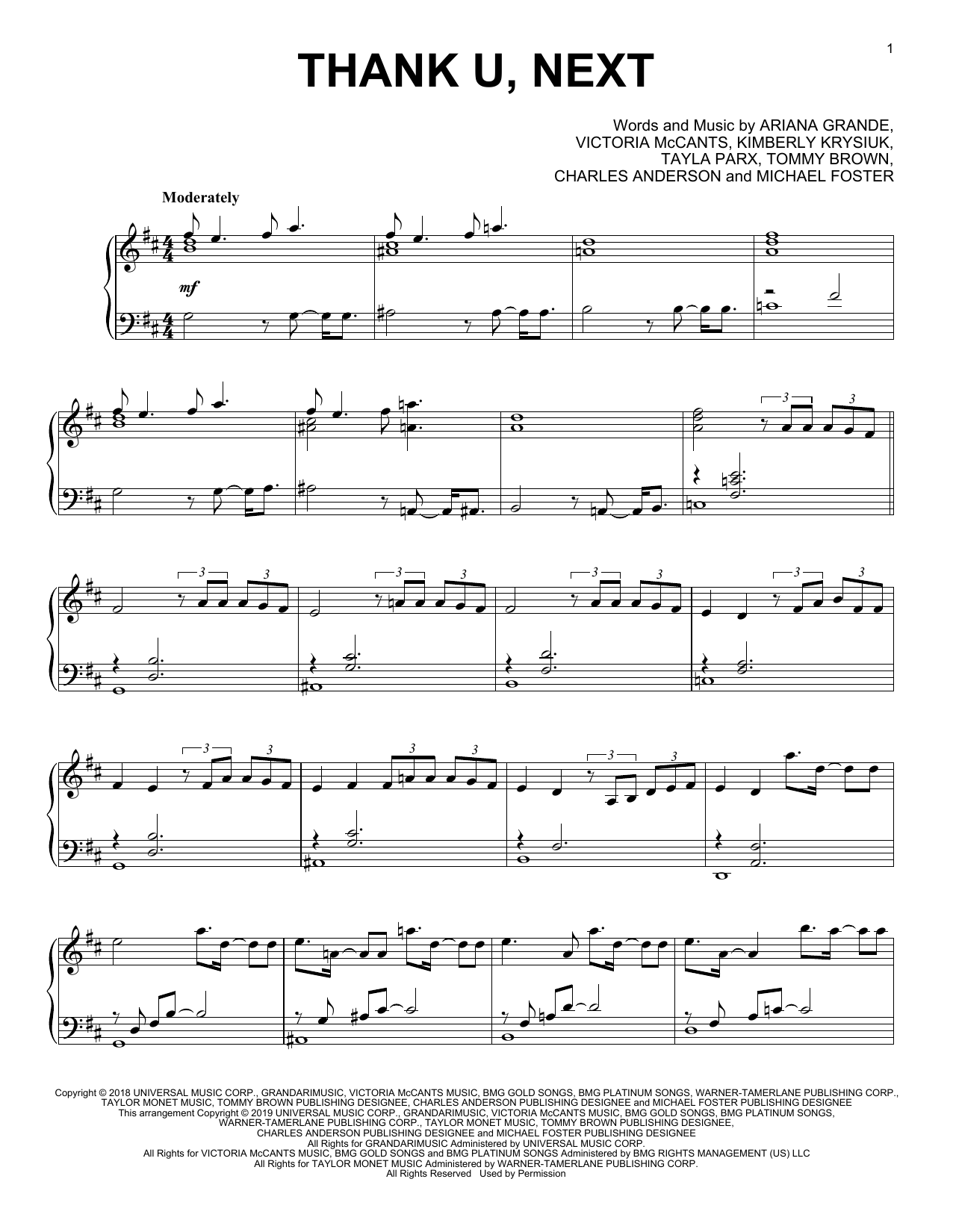 Ariana Grande Thank U Next Sheet Music Notes Chords Download Printable Piano Solo Sku 415658