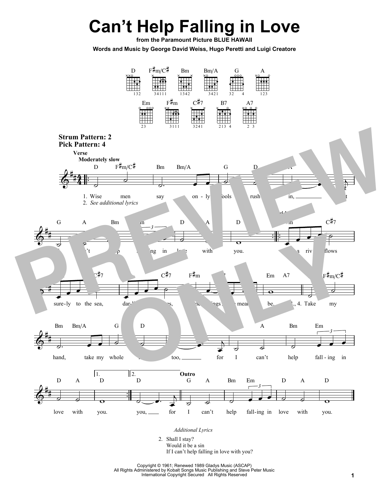 Elvis Presley Can T Help Falling In Love Chords Sheet Music Notes