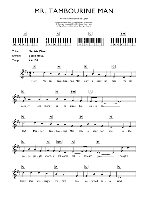 Bob Dylan Mr Tambourine Man Sheet Music Notes Chords Download Rock Notes Keyboard Pdf Print