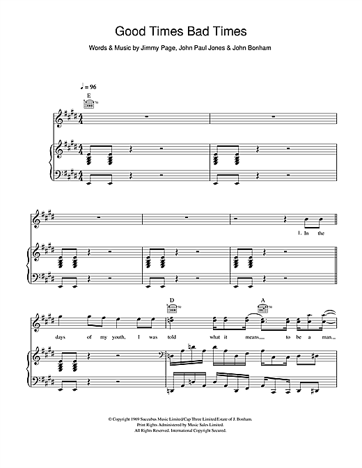 Led Zeppelin Good Times Bad Times Sheet Music Notes Chords