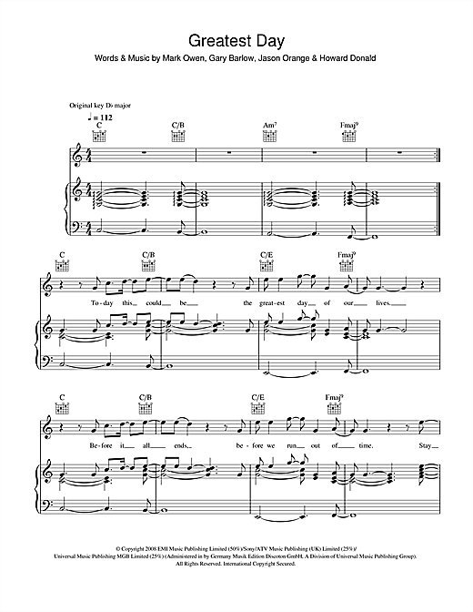 Take That Greatest Day Sheet Music Download Pdf Score 44478