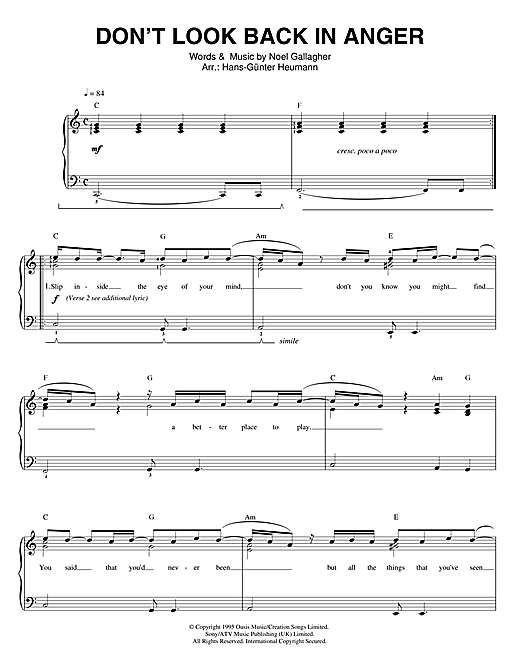 Oasis Don T Look Back In Anger Sheet Music Notes Chords Download Rock Notes Piano Vocal Pdf Print