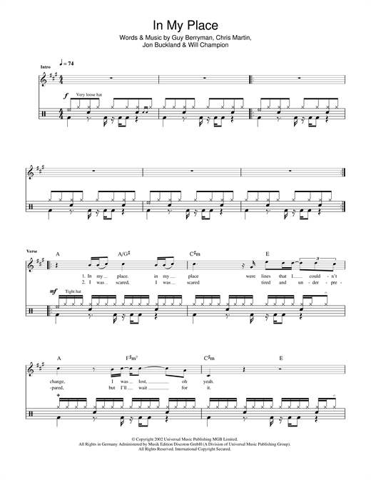 Coldplay In My Place Sheet Music Notes Chords Download Rock Notes Drums Pdf Print 45442 In my place was well received by critics, who complimented its arrangement and profound lyrics. sheet music notes chords