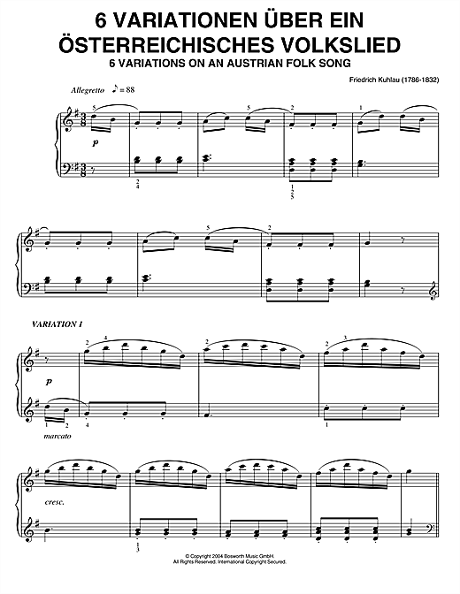 Preview Friedrich Kuhlau Six Variations On An Austrian Folk Song Classical sheet music, notes and chords for Piano, SKU: 46217 sheet music, piano notes, chords, guitar tabs, score, transpose, transcribe, how to play, guide, download, learn, tutorial, progression, song, artist, awards, billboard, mtv, vh1, tour, single, album, release